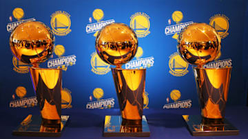 WALNUT CREEK, CA - AUGUST 17: The 2015, 2017 and 2018 Larry O'Brien NBA Championship trophies won by the Golden State Warriors are on display for fans to have their picture taken as part of the Championship Trophy Tour at Warriors Team Store in Walnut Creek., Calif., on Friday, Aug. 17, 2018. (Ray Chavez/Bay Area News Group via Getty Images)