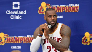 Sep 26, 2016; Cleveland, OH, USA; Cleveland Cavaliers forward LeBron James (23) talks to the media during media day at Cleveland Clinic Courts. Mandatory Credit: Ken Blaze-USA TODAY Sports