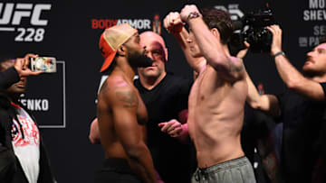 DALLAS, TX - SEPTEMBER 07: (L-R) Opponents Tyron Woodley and Darren Till of England face off during the UFC 228 weigh-in at American Airlines Center on September 7, 2018 in Dallas, Texas. (Photo by Josh Hedges/Zuffa LLC/Zuffa LLC via Getty Images)