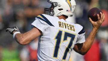 OAKLAND, CA - NOVEMBER 11: Philip Rivers #17 of the Los Angeles Chargers looks to pass against the Oakland Raiders during the first half of their NFL football game at Oakland-Alameda County Coliseum on November 11, 2018 in Oakland, California. (Photo by Thearon W. Henderson/Getty Images)