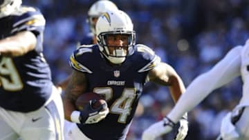Dec 22, 2013; San Diego, CA, USA; San Diego Chargers running back Ryan Mathews (24) runs for a short gain during the first half against the Oakland Raiders at Qualcomm Stadium. Mandatory Credit: Christopher Hanewinckel-USA TODAY Sports