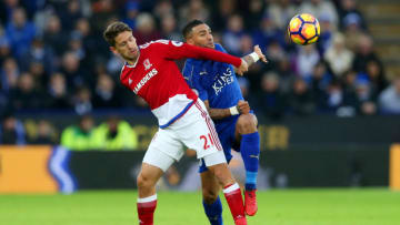 LEICESTER, ENGLAND - NOVEMBER 26: Gaston Ramirez of Middlesbrough controls the ball under pressure of Danny Simpson of Leicester City during the Premier League match between Leicester City and Middlesbrough at The King Power Stadium on November 26, 2016 in Leicester, England. (Photo by Alex Morton/Getty Images)