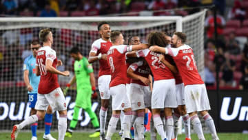SINGAPORE - JULY 26: Arsenal players celebrate during the International Champions Cup 2018 match between Club Atletico de Madrid and Arsenal at the National Stadium on July 26, 2018 in Singapore. (Photo by Thananuwat Srirasant/Getty Images for ICC)