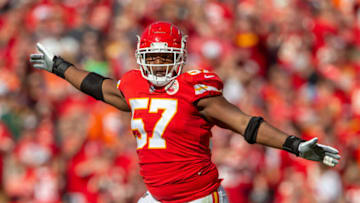 Kansas City Chiefs linebacker Breeland Speaks (57) celebrates after sacking Denver Broncos quarterback Case Keenum (4) (Photo by William Purnell/Icon Sportswire via Getty Images)