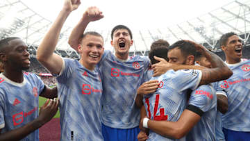 LONDON, ENGLAND - SEPTEMBER 19: Jesse Lingard of Manchester United celebrates with teammates Harry Maguire and Scott McTominay after scoring their side's second goal during the Premier League match between West Ham United and Manchester United at London Stadium on September 19, 2021 in London, England. (Photo by Julian Finney/Getty Images)