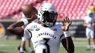 LOUISVILLE, KENTUCKY - OCTOBER 05: Micale Cunningham #3 of the Louisville Cardinals warms up before the game against the Boston College Eagles at Cardinal Stadium on October 05, 2019 in Louisville, Kentucky. Previously referred to as "Malik", Cunningham told Louisville officials that he is now going by his given first name, Micale. (Photo by Justin Casterline/Getty Images)