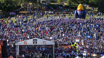 Oct 8, 2022; Lawrence, Kansas, USA; A general view of the crowd gathering around the ESPN College Gameday desk prior to a game between the TCU Horned Frogs and the Kansas Jayhawks at David Booth Kansas Memorial Stadium. Mandatory Credit: Jay Biggerstaff-USA TODAY Sports