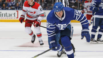 TORONTO,ON - DECEMBER 19: Matt Martin #15 of the Toronto Maple Leafs skates against the Carolina Hurricanes during an NHL game at the Air Canada Centre on December 19, 2017 in Toronto, Ontario, Canada. The Maple Leafs defeated the Hurricanes 8-1. (Photo by Claus Andersen/Getty Images)