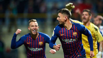 LEON, SPAIN - OCTOBER 31: Clement Lenglet of FC Barcelona celebrates after scoring the opening goal during the Spanish Copa del Rey match between Cultura Leonesa and FC Barcelona at Estadio Reino de Leon on October 31, 2018 in Leon, Spain. (Photo by Juan Manuel Serrano Arce/Getty Images)