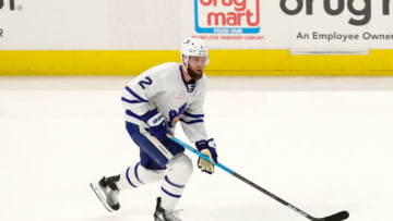 CLEVELAND, OH - JANUARY 24: Toronto Marlies defenceman Jake Muzzin (2) controls the puck during the second period of the American Hockey League game between the Toronto Marlies and Cleveland Monsters on January 24, 2020, at Rocket Mortgage FieldHouse in Cleveland, OH. (Photo by Frank Jansky/Icon Sportswire via Getty Images)