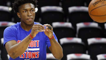 Apr 22, 2016; Auburn Hills, MI, USA; Detroit Pistons forward Stanley Johnson (3) before the game against the Cleveland Cavaliers in game three of the first round of the NBA Playoffs at The Palace of Auburn Hills. Mandatory Credit: Tim Fuller-USA TODAY Sports