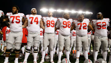 PISCATAWAY, NEW JERSEY - NOVEMBER 16: The Ohio State Buckeyes sing their school song to their fans after the game against the Rutgers Scarlet Knights at SHI Stadium on November 16, 2019 in Piscataway, New Jersey.The Ohio State Buckeyes defeated the Rutgers Scarlet Knights 56-21. (Photo by Elsa/Getty Images)