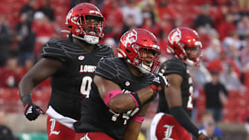 Louisville Cardinals linebacker Dorian Jones celebrates after a sack against the Boston College Eagles. Getty Images.