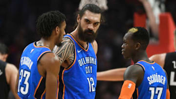 LOS ANGELES, CA - MARCH 08: Terrance Ferguson #23, Steven Adams #12 and Dennis Schroder #17 of the Oklahoma City Thunder have a conversation while playing the Los Angeles Clippers at Staples Center on March 8, 2019 in Los Angeles, California. NOTE TO USER: User expressly acknowledges and agrees that, by downloading and or using this photograph, User is consenting to the terms and conditions of the Getty Images License Agreement.(Photo by John McCoy/Getty Images)