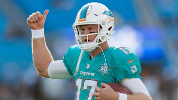 Aug 22, 2015; Charlotte, NC, USA; Miami Dolphins quarterback Ryan Tannehill (17) gives a a thumbs up prior to the game against the Carolina Panthers at Bank of America Stadium. Mandatory Credit: Jeremy Brevard-USA TODAY Sports