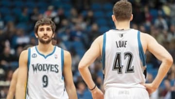 Apr 16, 2014; Minneapolis, MN, USA; Minnesota Timberwolves guard Ricky Rubio (9) and forward Kevin Love (42) at Target Center. Mandatory Credit: Brad Rempel-USA TODAY Sports