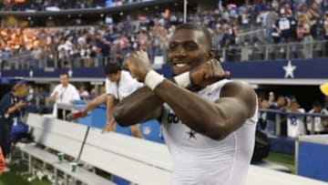 Oct 19, 2014; Arlington, TX, USA; Dallas Cowboys receiver Dez Bryant (88) celebrates after the game against the New York Giants at AT&T Stadium. The Cowboys beat the Giants 31-21. Mandatory Credit: Matthew Emmons-USA TODAY Sports