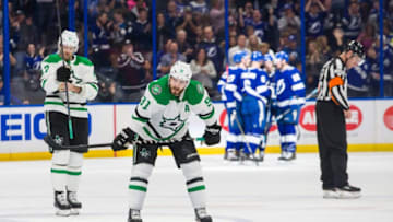 TAMPA, FL - FEBRUARY 14: The Tampa Bay Lightning celebrate a goal against Tyler Seguin #91 of the Dallas Stars in the second period at Amalie Arena on February 14, 2019 in Tampa, Florida. (Photo by Scott Audette/NHLI via Getty Images)