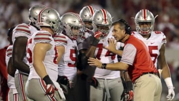 Sep 17, 2016; Norman, OK, USA; Ohio State Buckeyes head coach Urban Meyer speaks with his team during the second half against the Oklahoma Sooners at Gaylord Family - Oklahoma Memorial Stadium. Mandatory Credit: Kevin Jairaj-USA TODAY Sports
