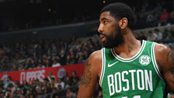 LOS ANGELES, CA - MARCH 11: Kyrie Irving #11 of the Boston Celtics looks on against the LA Clippers on March 11, 2019 at STAPLES Center in Los Angeles, California. NOTE TO USER: User expressly acknowledges and agrees that, by downloading and/or using this Photograph, user is consenting to the terms and conditions of the Getty Images License Agreement. Mandatory Copyright Notice: Copyright 2019 NBAE (Photo by Andrew D. Bernstein/NBAE via Getty Images)