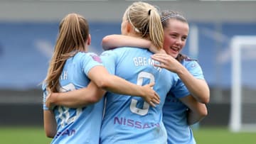 MANCHESTER, ENGLAND - SEPTEMBER 22: Pauline Bremer of Manchester City Women celebrates scoring a goal during the The FA Continental League Cup match between Manchester City Women and Leicester City Women at The Academy Stadium on September 22, 2019 in Manchester, England. (Photo by Charlotte Tattersall/Getty Images)
