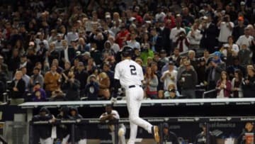 Sep 22, 2014; Bronx, NY, USA; New York Yankees shortstop Derek Jeter (2) receives a standing ovation after drawing a walk against the Baltimore Orioles during the seventh inning at Yankee Stadium. Mandatory Credit: Brad Penner-USA TODAY Sports