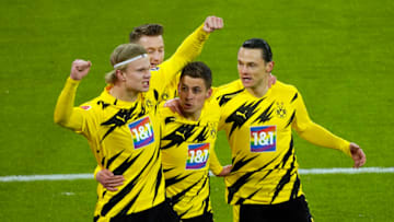 Erling Haaland will be aiming to inspire Borussia Dortmund to victory against Sevilla. (Photo by Günter Schiffmann - Pool/Getty Images)