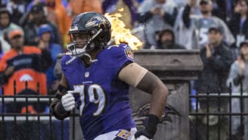 BALTIMORE, MD - SEPTEMBER 23: Ronnie Stanley #79 of the Baltimore Ravens takes the field before the game against the Denver Broncos at M&T Bank Stadium on September 23, 2018 in Baltimore, Maryland. (Photo by Scott Taetsch/Getty Images)