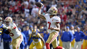 December 24, 2016; Los Angeles, CA, USA; San Francisco 49ers quarterback Colin Kaepernick (7) throws against the Los Angeles Rams during the first half at Los Angeles Memorial Coliseum. Mandatory Credit: Gary A. Vasquez-USA TODAY Sports