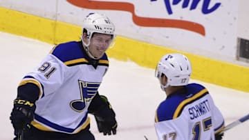 Mar 19, 2016; Vancouver, British Columbia, CAN; St. Louis Blues forward Vladimir Tarasenko (91) celebrates his goal against Vancouver Canucks goaltender Ryan Miller (30) (not pictured) with forward Jaden Schwartz (17) during the third period at Rogers Arena. The St. Louis Blues won 3-0. Mandatory Credit: Anne-Marie Sorvin-USA TODAY Sports