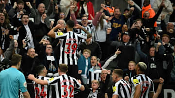 Newcastle United's Brazilian midfielder Bruno Guimaraes celebrates after scoring his team fourth goal during the English Premier League football match between Newcastle United and Brighton and Hove Albion at St James' Park in Newcastle-upon-Tyne, north east England on May 18, 2023. (Photo by Oli SCARFF / AFP) / RESTRICTED TO EDITORIAL USE. No use with unauthorized audio, video, data, fixture lists, club/league logos or 'live' services. Online in-match use limited to 120 images. An additional 40 images may be used in extra time. No video emulation. Social media in-match use limited to 120 images. An additional 40 images may be used in extra time. No use in betting publications, games or single club/league/player publications. / (Photo by OLI SCARFF/AFP via Getty Images)