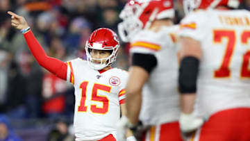 FOXBOROUGH, MASSACHUSETTS - DECEMBER 08: Patrick Mahomes #15 of the Kansas City Chiefs directs his team during the game against the New England Patriots at Gillette Stadium on December 08, 2019 in Foxborough, Massachusetts. (Photo by Maddie Meyer/Getty Images)