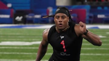 Mar 5, 2022; Indianapolis, IN, USA; Oklahoma defensive lineman Nik Bonitto (DL01) goes through drills during the 2022 NFL Scouting Combine at Lucas Oil Stadium. Mandatory Credit: Kirby Lee-USA TODAY Sports