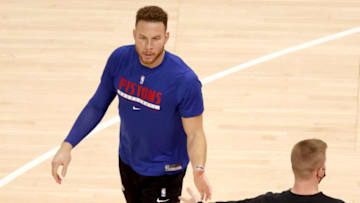 Jan 20, 2021; Atlanta, Georgia, USA; Detroit Pistons forward Blake Griffin practices before a game against the Detroit Pistons at State Farm Arena. Mandatory Credit: Jason Getz-USA TODAY Sports