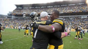 October 7, 2012: Pittsburgh, PA, USA: Pittsburgh Steelers quarterback Ben Roethlisberger (7) and offensive lineman Marcus Gilbert (77) celebrate after the Steelers defeated the Philadelphia Eagles 16-14 at Heinz Field. Mandatory Credit: Vincent Pugliese-USA TODAY Sports