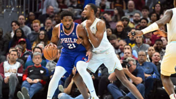 Joel Embiid, Philadelphia 76ers and Evan Mobley, Cleveland Cavaliers. Photo by Jason Miller/Getty Images