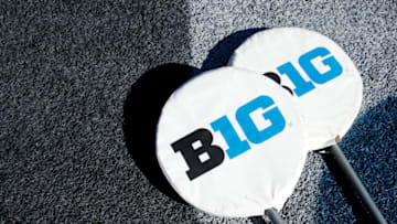 COLLEGE PARK, MD - NOVEMBER 02: Yard markers with the Big Ten conference logo are seen on the ground during a game between the Michigan Wolverines and Maryland Terrapins at Capital One Field at Maryland Stadium on November 2, 2019 in College Park, Maryland. Michigan defeated Maryland 38-7. (Photo by Joe Robbins/Getty Images)