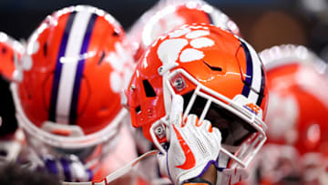 ARLINGTON, TEXAS - DECEMBER 29: A Clemson Tigers player holds up his helmet before the game against the Notre Dame Fighting Irish during the College Football Playoff Semifinal Goodyear Cotton Bowl Classic at AT&T Stadium on December 29, 2018 in Arlington, Texas. (Photo by Tom Pennington/Getty Images)