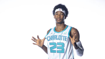 CHARLOTTE, NORTH CAROLINA - SEPTEMBER 27: Kai Jones #23 of the Charlotte Hornets poses for a portrait during Media Day at Spectrum Center on September 27, 2021 in Charlotte, North Carolina. NOTE TO USER: User expressly acknowledges and agrees that, by downloading and or using this photograph, User is consenting to the terms and conditions of the Getty Images License Agreement. (Photo by Jared C. Tilton/Getty Images)