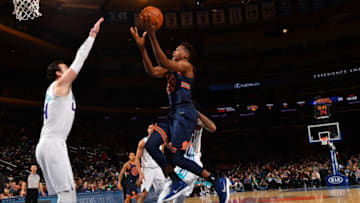 NEW YORK,NY - MARCH 17 : Frank Ntilikina #11 of the New York Knicks goes up for the layup against the Charlotte Hornets at Madison Square Garden on March 17, 2018 in New York, New York. Copyright 2018 NBAE (Photo by Jesse D. Garrabrant/NBAE via Getty Images)