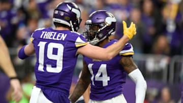 MINNEAPOLIS, MN - DECEMBER 31: Stefon Diggs #14 of the Minnesota Vikings celebrates with teammate Adam Thielen #19 after scoring a touchdown in the third quarter of the game against the Chicago Bears on December 31, 2017 at U.S. Bank Stadium in Minneapolis, Minnesota. (Photo by Hannah Foslien/Getty Images)