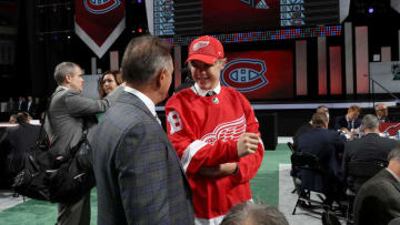 DALLAS, TX - JUNE 23: Jonatan Berggren reacts after being selected 33rd overall by the Detroit Red Wings during the 2018 NHL Draft at American Airlines Center on June 23, 2018 in Dallas, Texas. (Photo by Bruce Bennett/Getty Images)