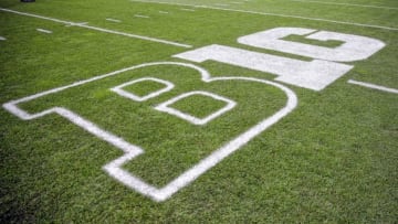 Oct 24, 2015; East Lansing, MI, USA; General view of Big Ten logo on field prior to a game between the Michigan State Spartans and the Indiana Hoosiers at Spartan Stadium. Mandatory Credit: Mike Carter-USA TODAY Sports