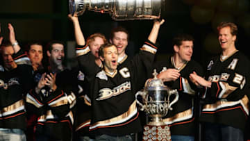 ANAHEIM, CA - JUNE 9: Scott Niedermayer #27 of the Anaheim Ducks celebrates winning the 2007 Stanley Cup during the "Anaheim Ducks Stanley Cup Victory Celebration" at Honda Center June 9, 2007 in Anaheim, California. (Photo by Harry How/Getty Images)