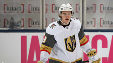 Cody Glass #9 of the Vegas Golden Knights warms up prior to action. (Photo by Claus Andersen/Getty Images)