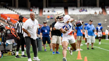 Florida Gators wide receiver Eugene Wilson III (21) attempts a catch during fall football practice at Ben Hill Griffin Stadium at the University of Florida in Gainesville, FL on Saturday, August 5, 2023. [Matt Pendleton/Gainesville Sun]
