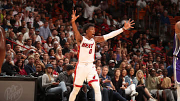 MIAMI, FL - OCTOBER 29: Josh Richardson #0 of the Miami Heat reacts to a play during the game against the Sacramento Kings on October 29, 2018 at American Airlines Arena in Miami, Florida. NOTE TO USER: User expressly acknowledges and agrees that, by downloading and or using this Photograph, user is consenting to the terms and conditions of the Getty Images License Agreement. Mandatory Copyright Notice: Copyright 2018 NBAE (Photo by Issac Baldizon/NBAE via Getty Images)