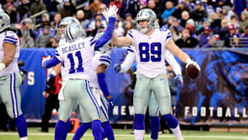 EAST RUTHERFORD, NEW JERSEY - DECEMBER 30: Blake Jarwin #89 of the Dallas Cowboys is congratulated by his teammates after his third quarter touchdown against the New York Giants at MetLife Stadium on December 30, 2018 in East Rutherford, New Jersey. (Photo by Steven Ryan/Getty Images)