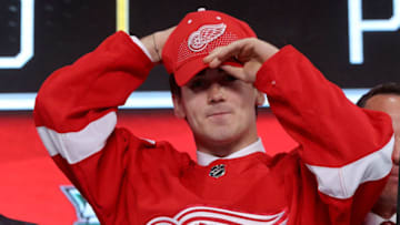 DALLAS, TX - JUNE 22: Filip Zadina poses after being selected sixth overall by the Detroit Red Wings during the first round of the 2018 NHL Draft at American Airlines Center on June 22, 2018 in Dallas, Texas. (Photo by Bruce Bennett/Getty Images)