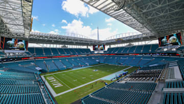 MIAMI, FL - SEPTEMBER 23: A detail view of Hard Rock Stadium before the game between the Miami Dolphins and the Oakland Raiders at Hard Rock Stadium on September 23, 2018 in Miami, Florida. (Photo by Mark Brown/Getty Images)